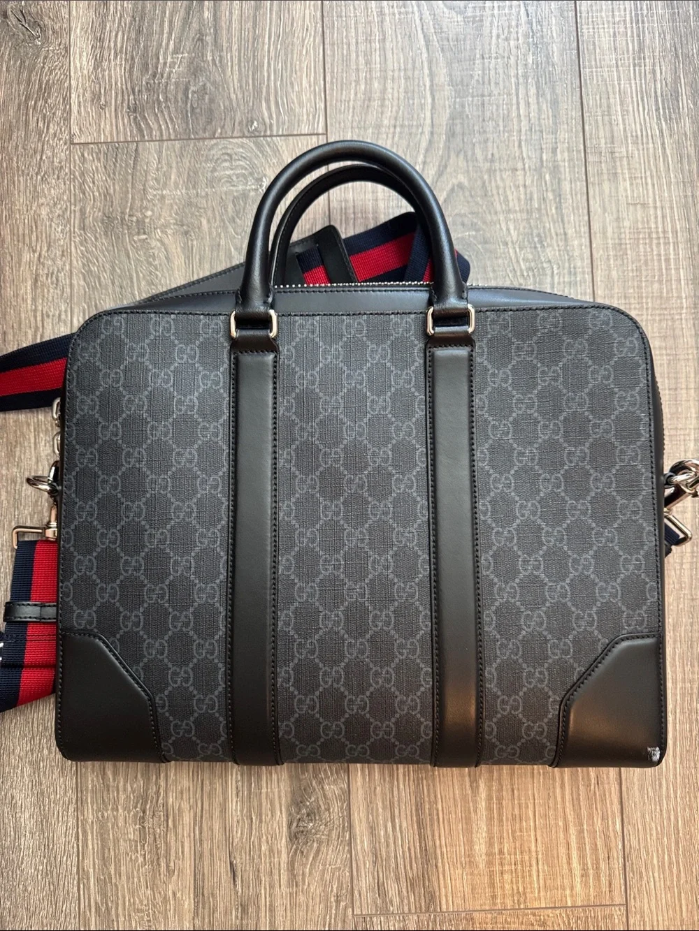 Gucci Men's Black-Gray GG Supreme Laptop Briefcase with Red-Blue Web Strap